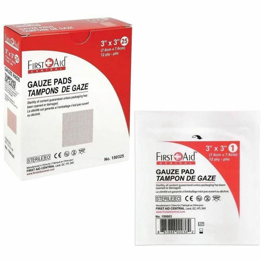 First Aid Central Gauze Pads, 12-Ply, 7.6 x 7.6cm (3" x 3"), 25/Box
