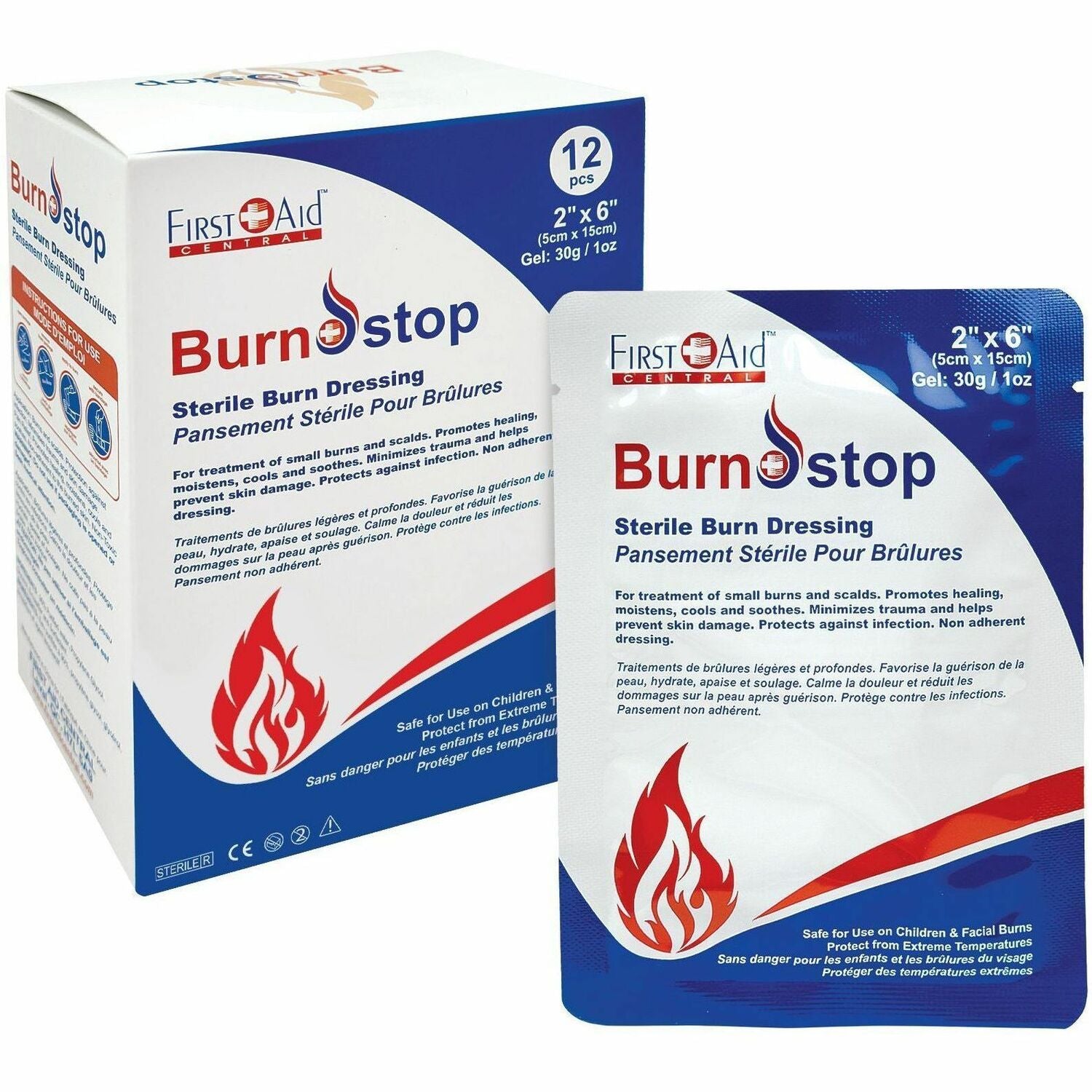 First Aid Central BurnStop Sterile Burn Dressing, 5.1 x 15.2cm (2" x 6"), 12/Box