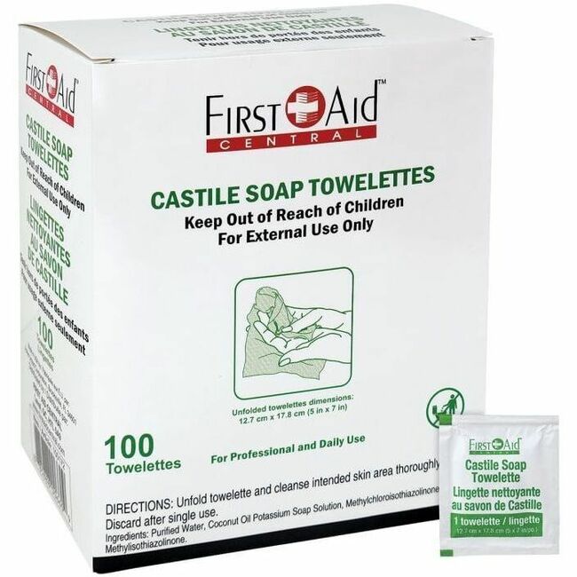First Aid Central Castile Soap Towelettes - Box of 100