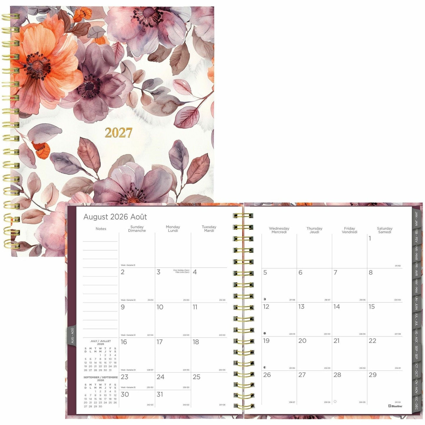 Blueline Floral Blush Monthly Planner Hard Cover 11" x 8-1/2" Bilingual Floral Blush