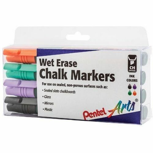 Pentel Wet Erase Chalk Marker Set, Chisel Tip, Assorted Ink (ADFV) 4-Pk Plastic Box