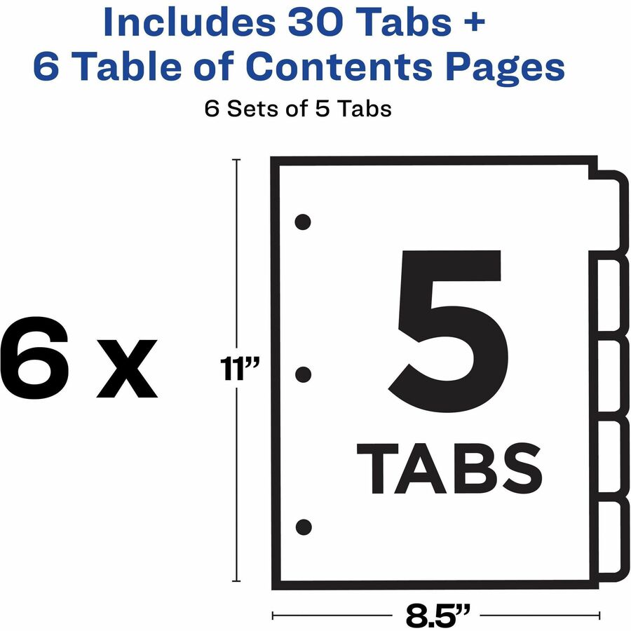 Avery&reg; Ready Index&reg; Table of Content Dividersfor Laser and Inkjet Printers, 5 tabs, 6 sets - 11187