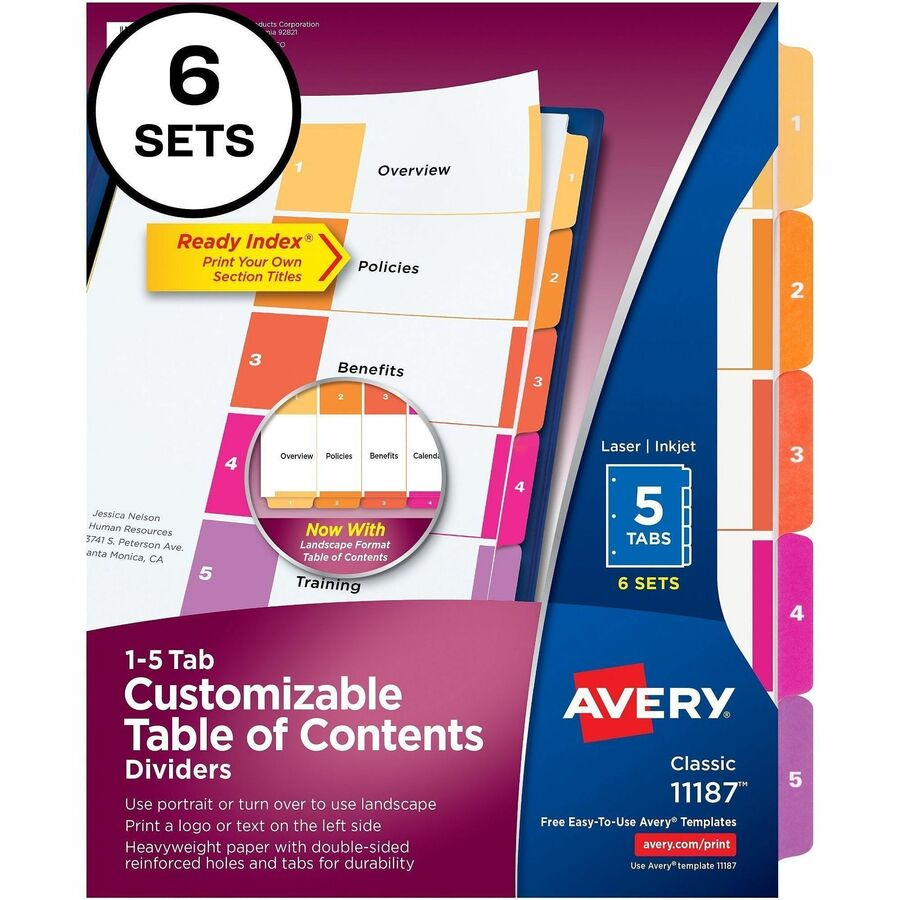 Avery&reg; Ready Index&reg; Table of Content Dividersfor Laser and Inkjet Printers, 5 tabs, 6 sets - 11187