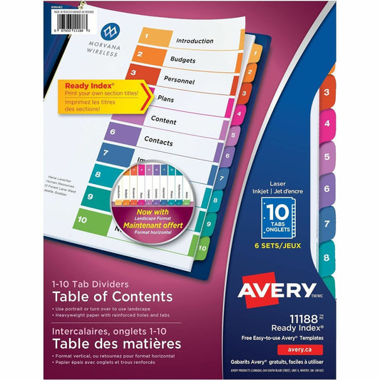 Avery&reg; Ready Index&reg; Table of Content Dividersfor Laser and Inkjet Printers, 10 tabs, 6 sets