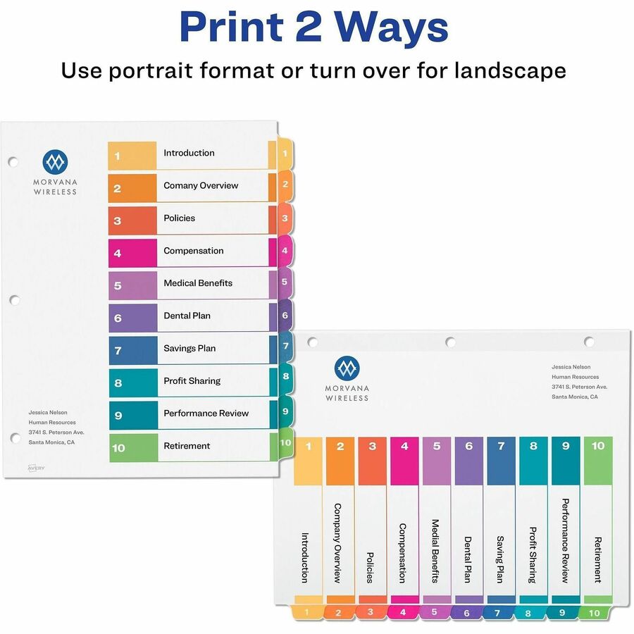 Avery&reg; Ready Index&reg; Table of Content Dividersfor Laser and Inkjet Printers, 10 tabs, 6 sets - 11188
