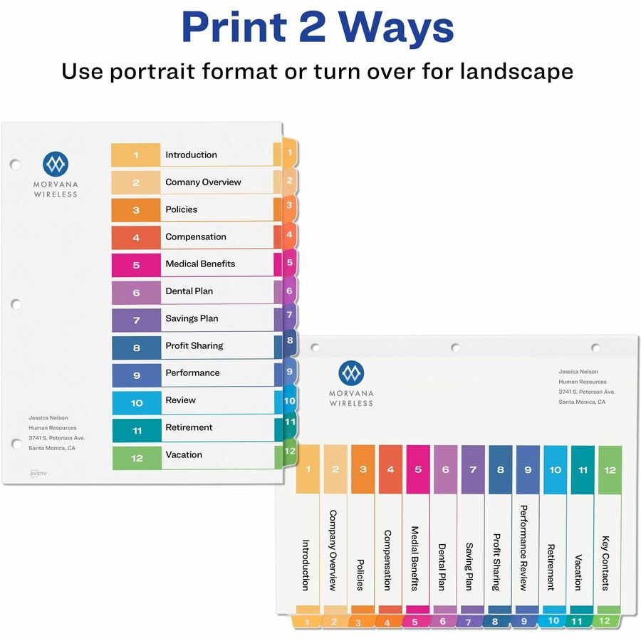 Avery&reg; Ready Index&reg; Table of Content Dividers for Laser and Inkjet Printers, 12 tabs, 6 sets - 11196