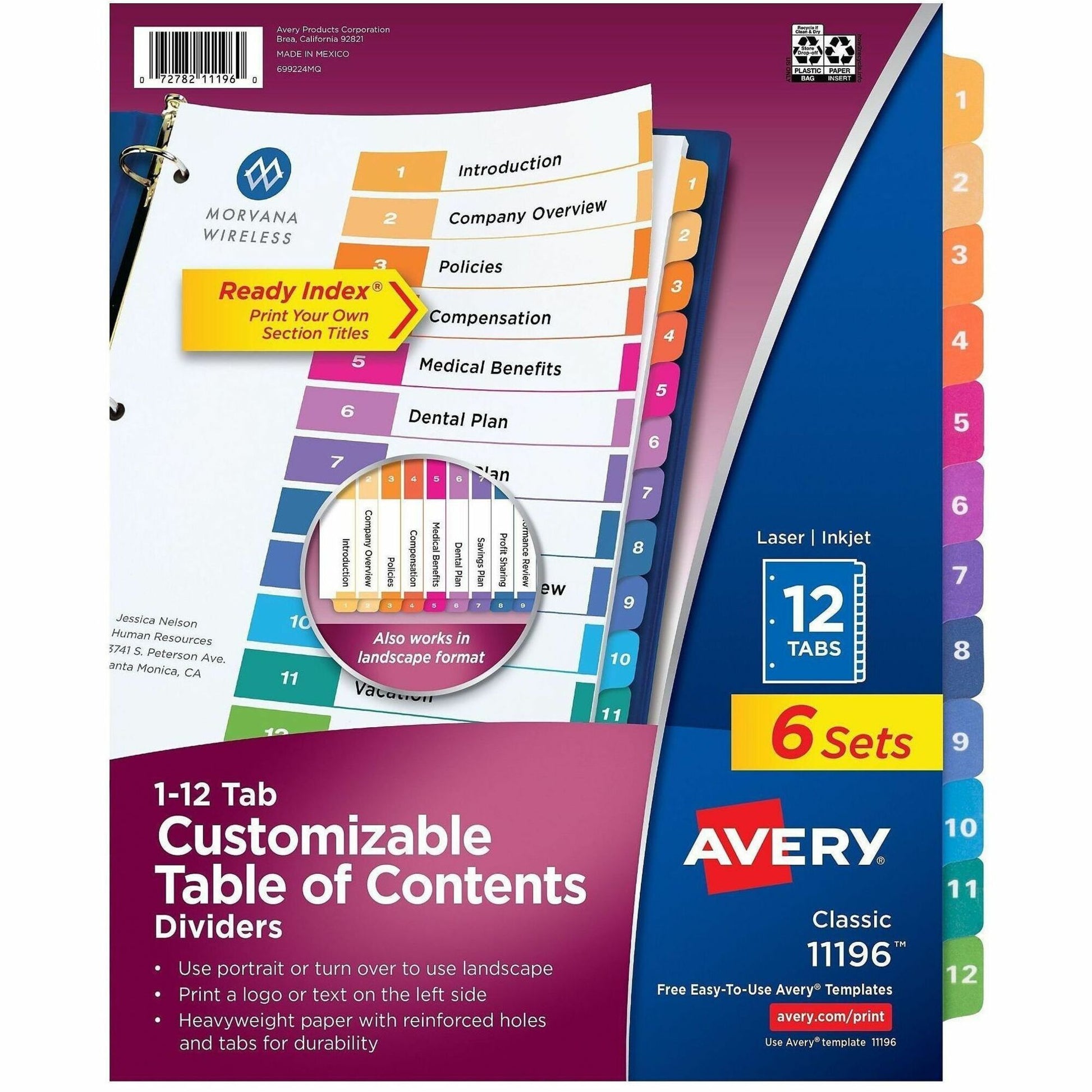Avery&reg; Ready Index&reg; Table of Content Dividers for Laser and Inkjet Printers, 12 tabs, 6 sets