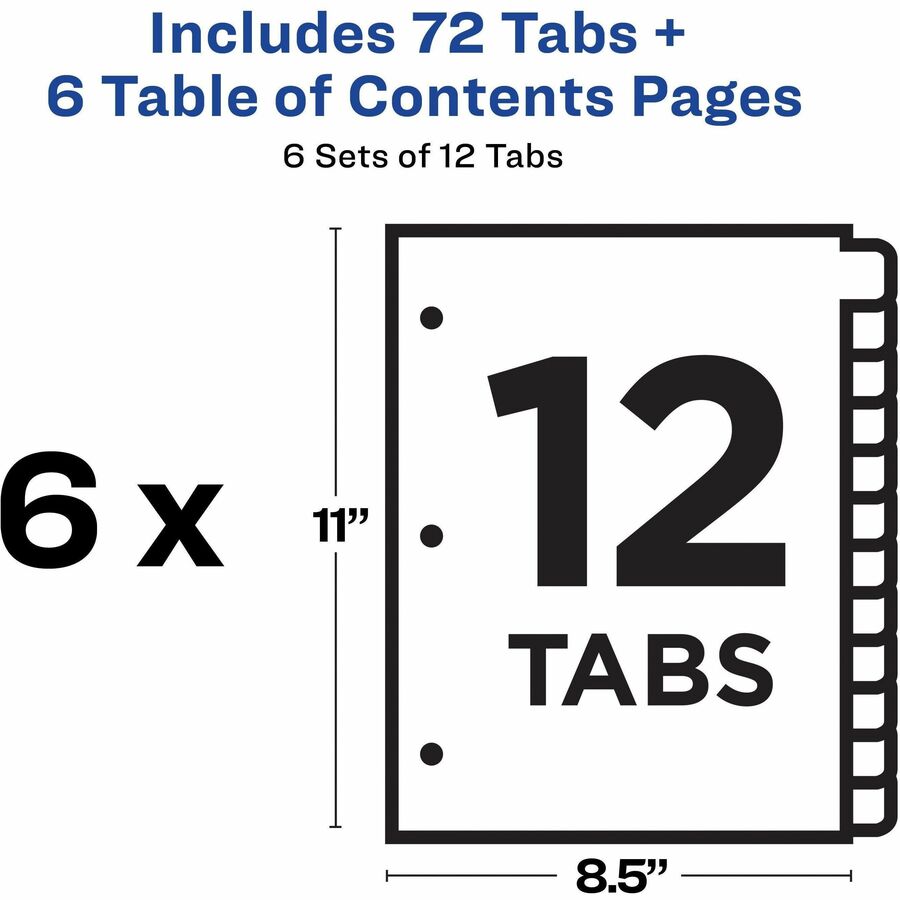 Avery&reg; Ready Index&reg; Table of Content Dividers for Laser and Inkjet Printers, 12 tabs, 6 sets - 11196