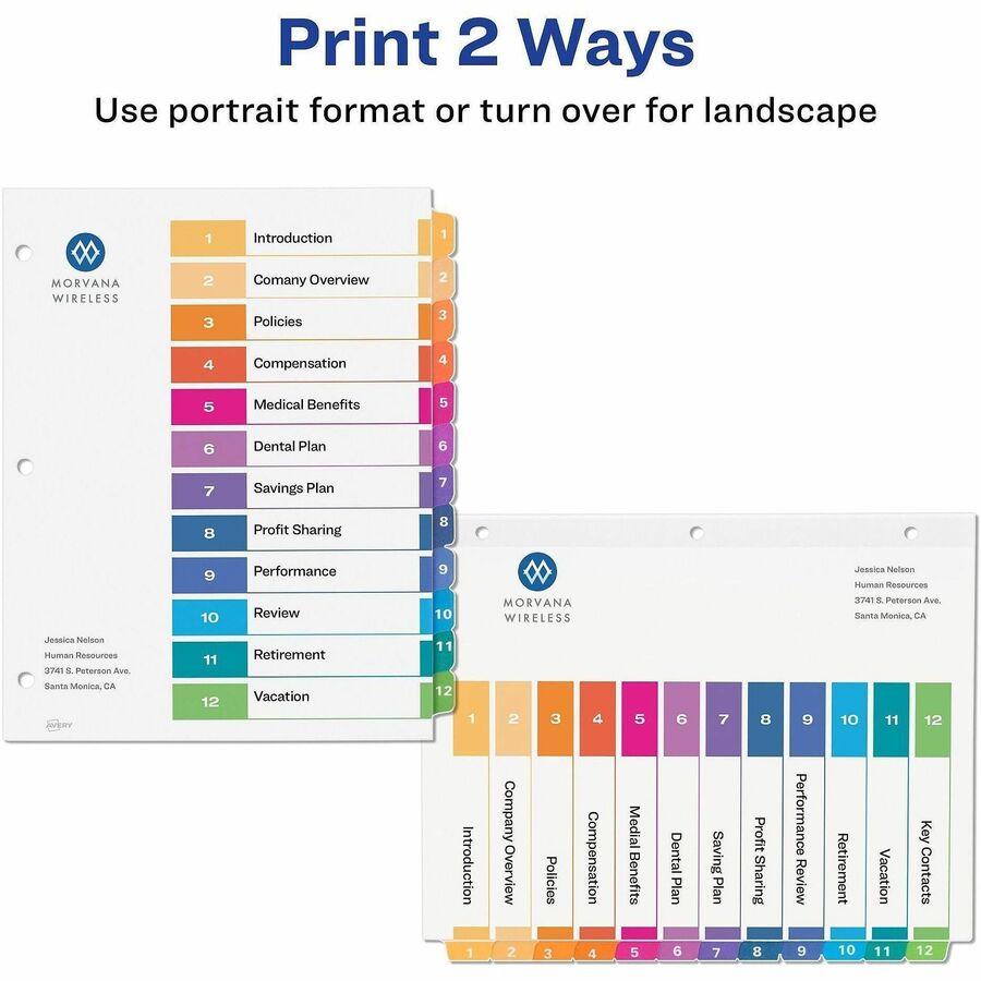 Avery&reg; Ready Index&reg; Table of Content Dividers for Laser and Inkjet Printers, 12 tabs, 6 sets - 11196