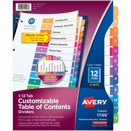 Avery&reg; Ready Index&reg; Table of Content Dividers for Laser and Inkjet Printers, 12 tabs, 6 sets