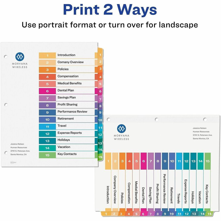 Avery&reg; Ready Index&reg; Table of Content Dividers for Laser and Inkjet Printers, 15 tabs, 6 sets - 11197