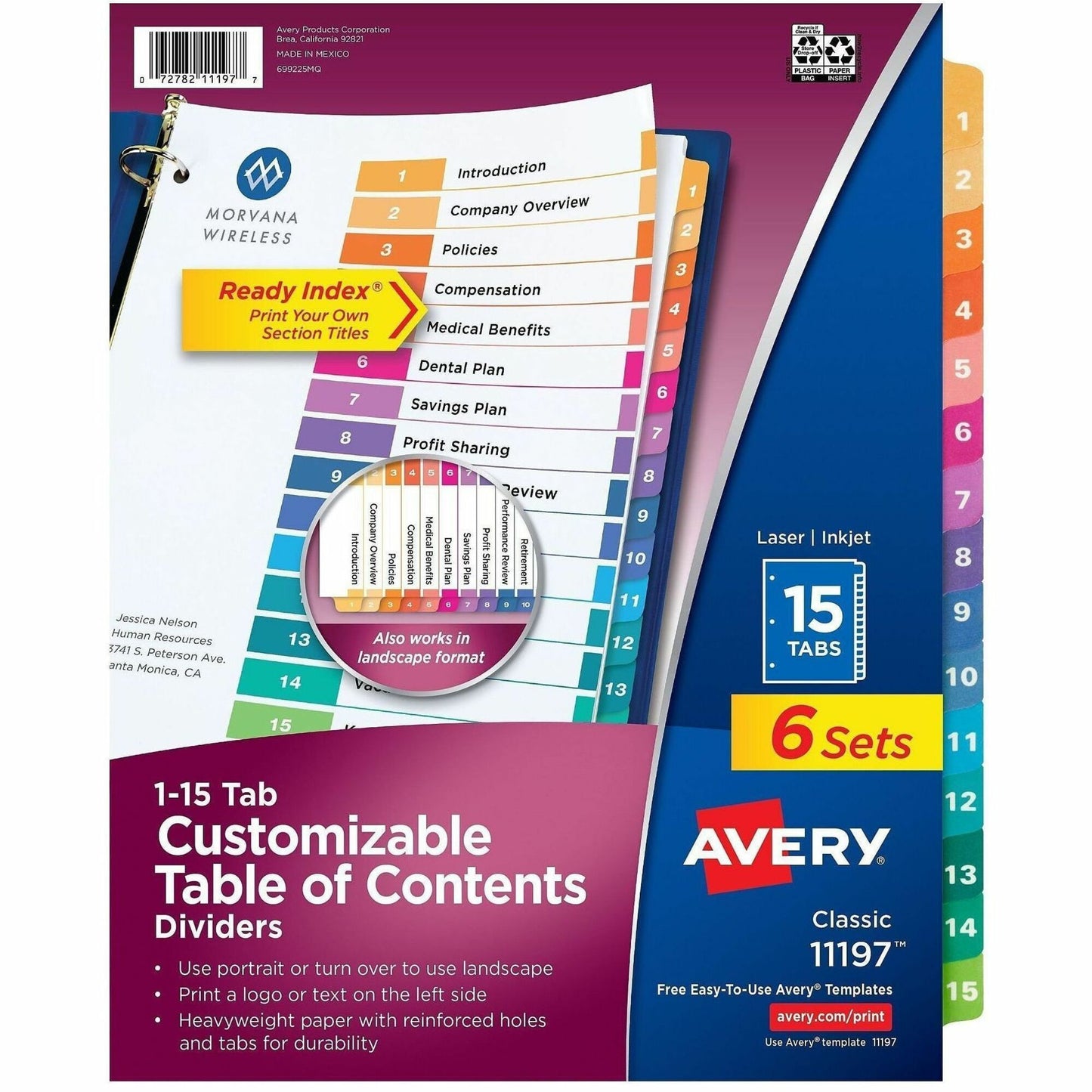 Avery&reg; Ready Index&reg; Table of Content Dividers for Laser and Inkjet Printers, 15 tabs, 6 sets