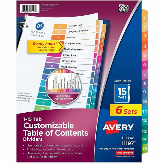 Avery&reg; Ready Index&reg; Table of Content Dividers for Laser and Inkjet Printers, 15 tabs, 6 sets