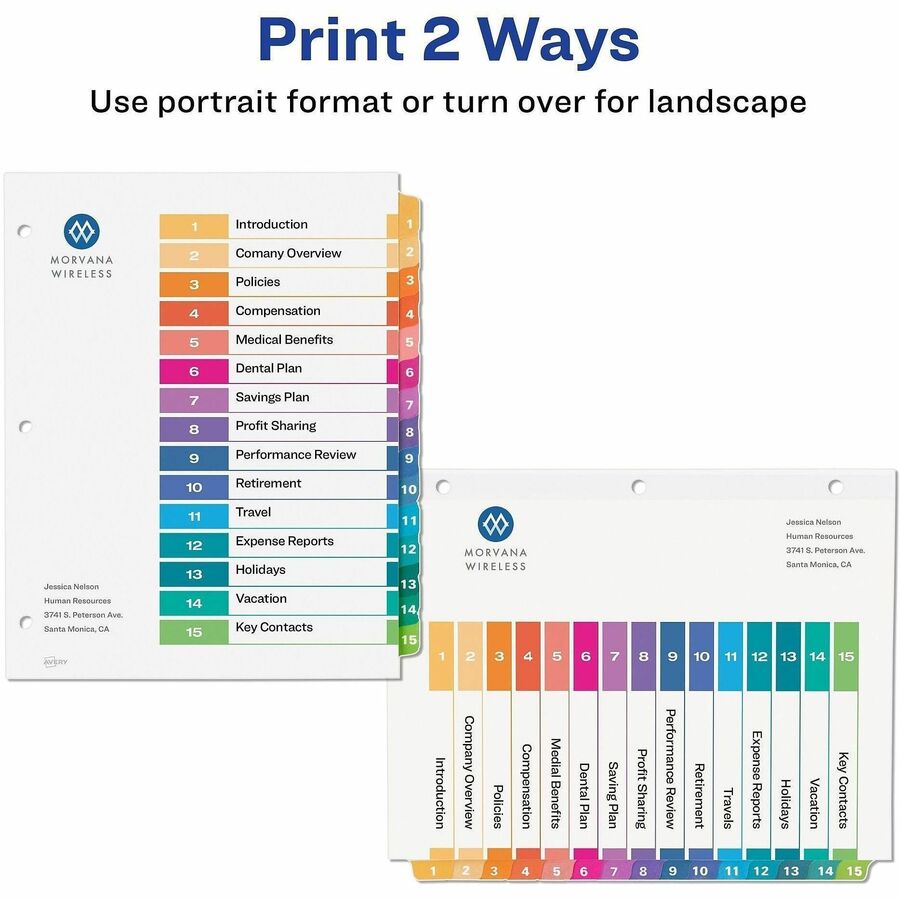 Avery&reg; Ready Index&reg; Table of Content Dividers for Laser and Inkjet Printers, 15 tabs, 6 sets - 11197