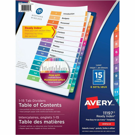 Avery&reg; Ready Index&reg; Table of Content Dividers for Laser and Inkjet Printers, 15 tabs, 6 sets