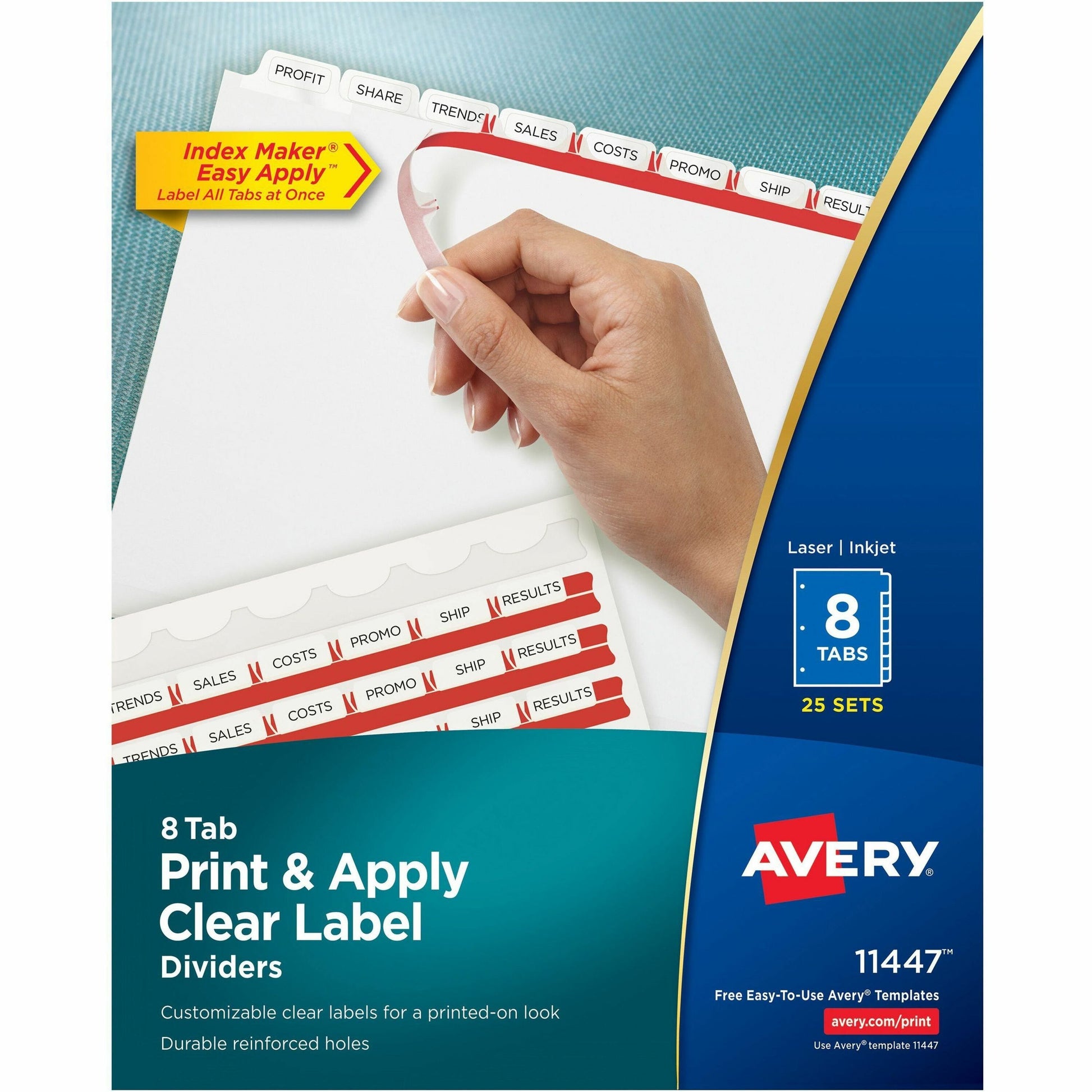 Avery&reg; Print & Apply Clear Label Dividerswith Index Maker&reg; Easy Apply™ Labels for Laser and Inkjet Printers, 8 tabs, 25 sets