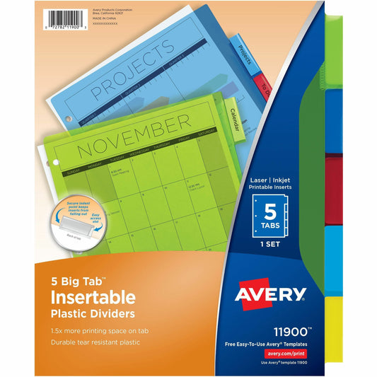 Avery&reg; Big Tab&trade; Insertable Plastic Dividersfor Laser and Inkjet Printers, 9-1/4" x 11-1/8" , 5 tabs, 1 set