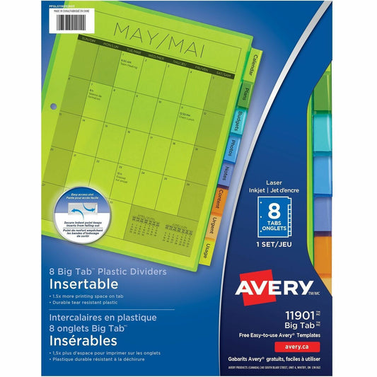 Avery&reg; Big Tab&trade; Insertable Plastic Dividersfor Laser and Inkjet Printers, 9-1/4" x 11-1/8" , 8 tabs, 1 set