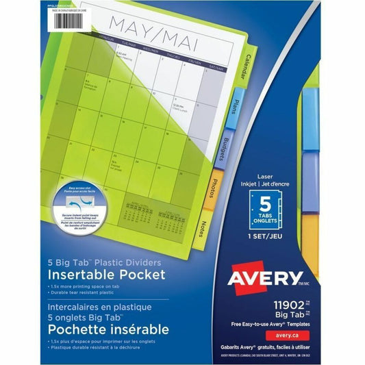 Avery Big Tab™ Insertable Plastic Dividers with Pockets for Laser and Inkjet Printers, 9-1/4" x 11-1/8" , 5 tabs