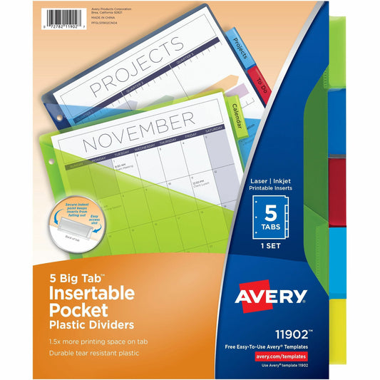 Avery&reg; Big Tab&trade; Insertable Plastic Dividers with Pocketsfor Laser and Inkjet Printers, 9-1/4" x 11-1/8" , 5 tabs, 1 set