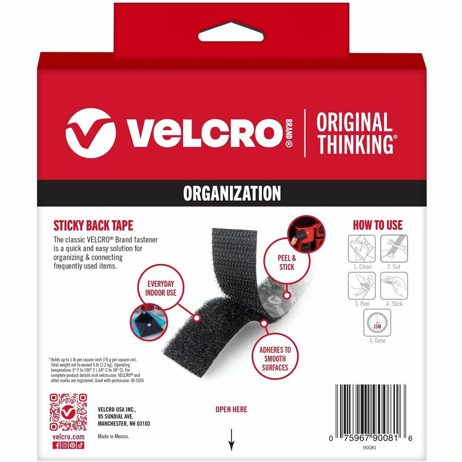 VELCRO&reg; Sticky Back 15ft x 3/4in Roll Black - 90081