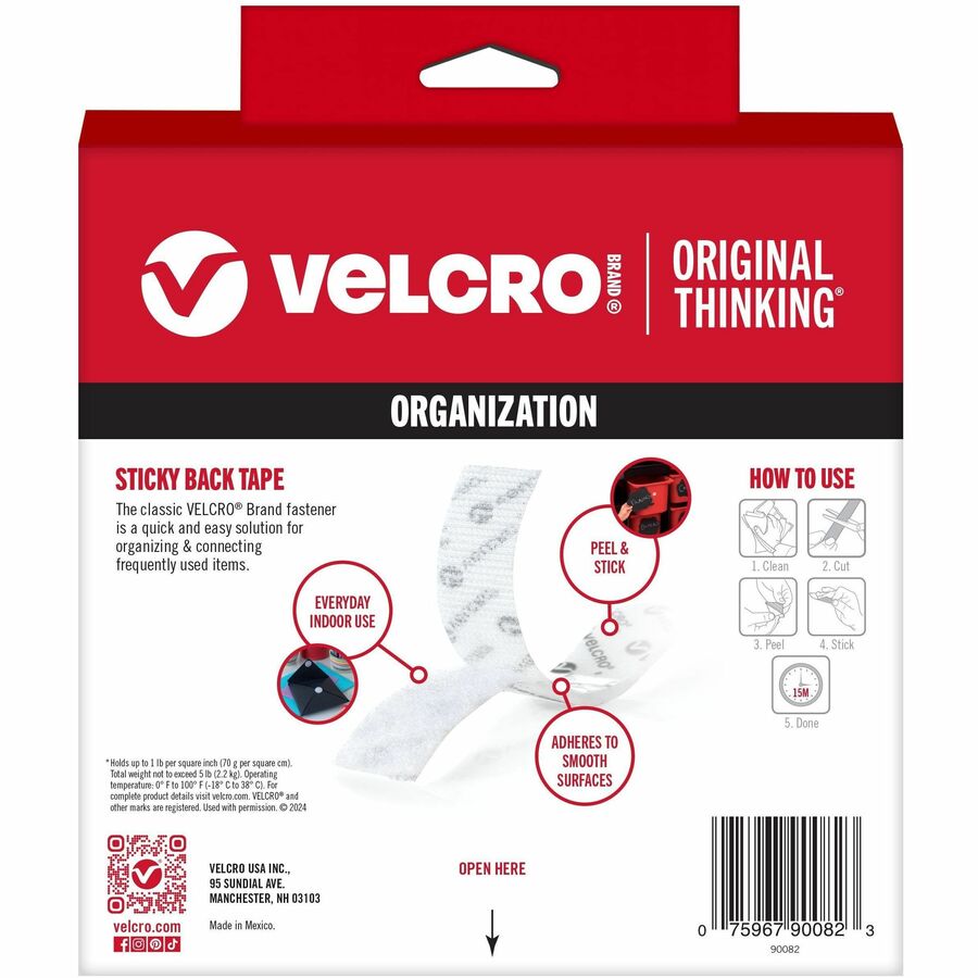 VELCRO&reg; Sticky Back 15ft x 3/4in Roll White - 90082
