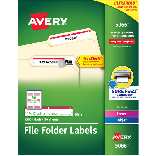 Avery&reg; TrueBlock File Folder Labels, 2/3" x 3-7/16" , 600 Printable Labels, White/Red