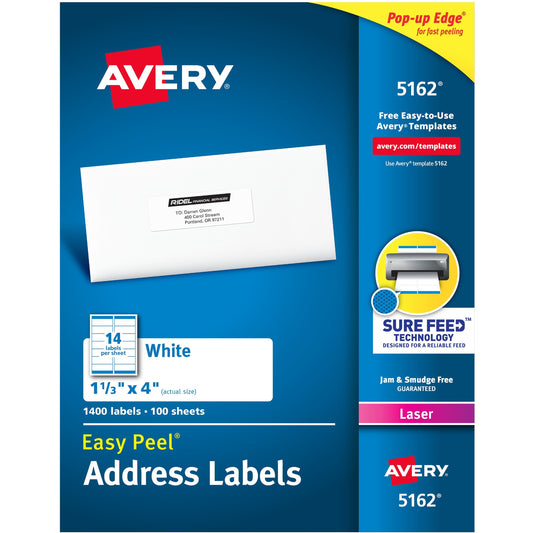 Avery&reg; Easy Peel(R) Address Labels, Sure Feed(TM) Technology, Permanent Adhesive, 1-1/3" x 4" , 1,400 Labels (5162)