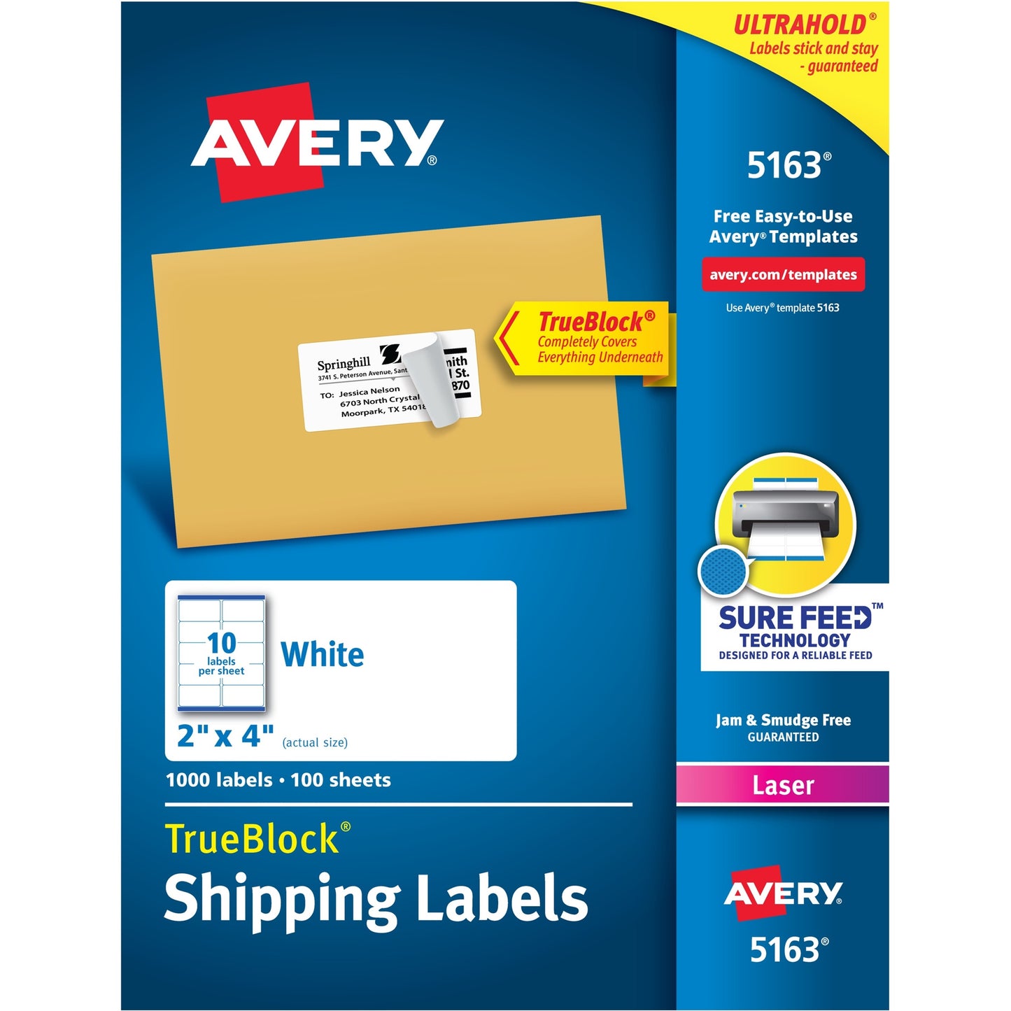 Avery&reg; TrueBlock(R) Shipping Labels, Sure Feed(TM) Technology, Permanent Adhesive, 2" x 4" , 1,000 Labels (5163)