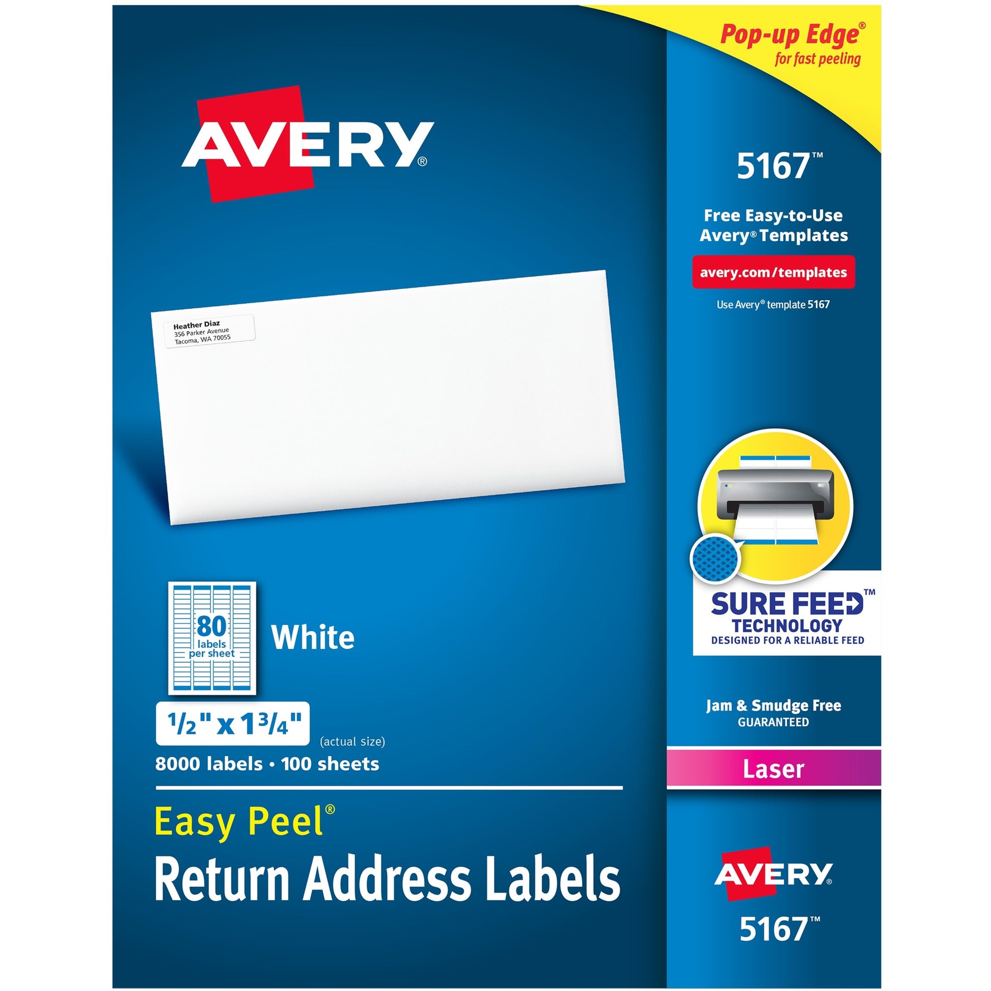 Avery&reg; Easy Peel(R) Return Address Labels, Sure Feed(TM) Technology, Permanent Adhesive, 1/2" x 1-3/4" , 8,000 Labels (5167)