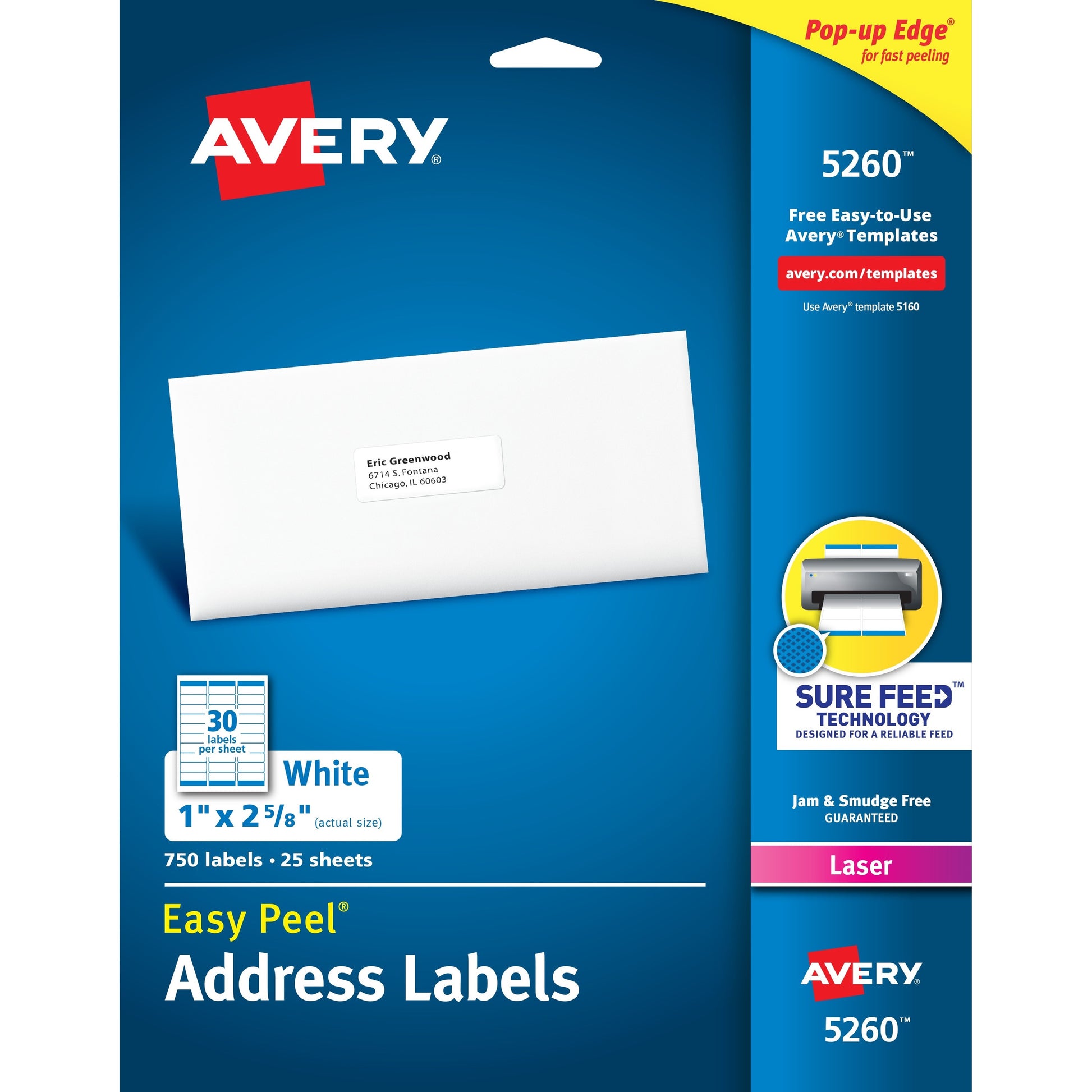 Avery&reg; Easy Peel(R) Address Labels, Sure Feed(TM) Technology, Permanent Adhesive, 1" x 2-5/8" , 750 Labels (5260)