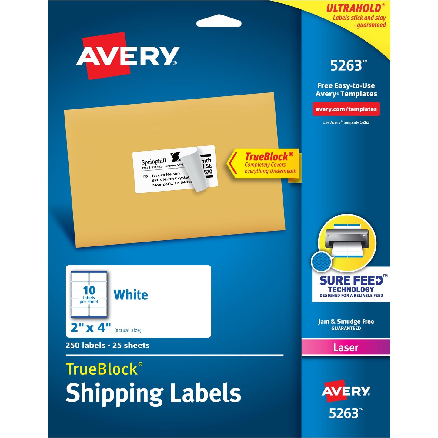 Avery&reg; TrueBlock(R) Shipping Labels, Sure Feed(TM) Technology, Permanent Adhesive, 2" x 4" , 250 Labels (5263)