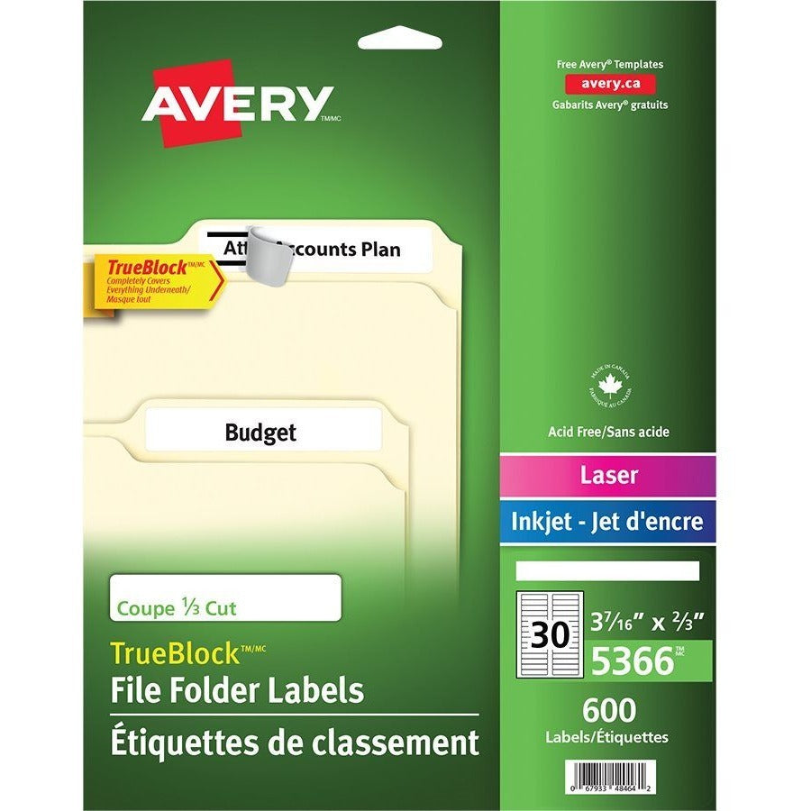 Avery&reg; TrueBlock File Folder Labels, 2/3" x 3-7/16" , 600 Printable Labels, White (5366)