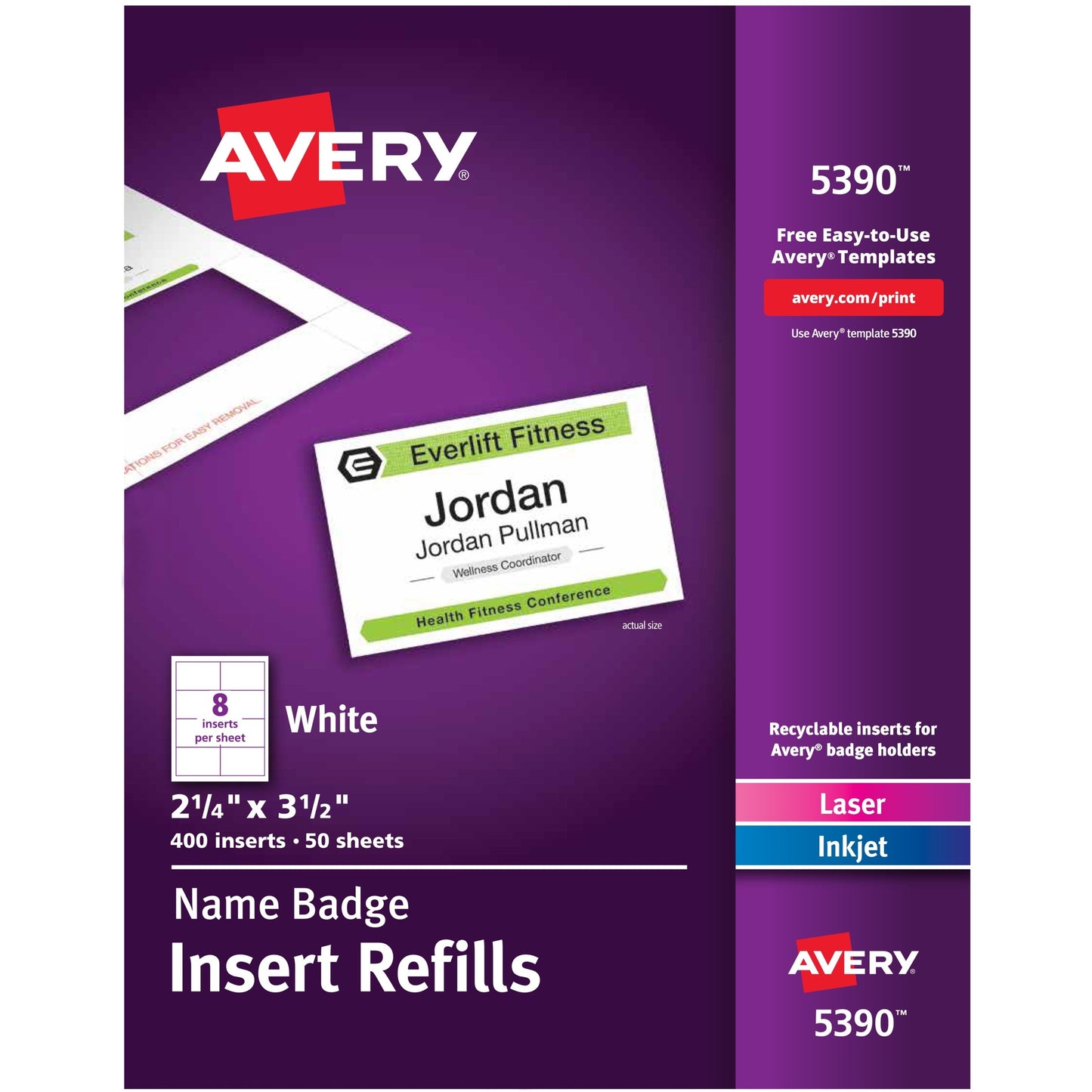 Avery&reg; Customizable Name Badge Inserts, 2.25" x 3.5" , White, 400 Printable Name Tag Inserts (05390)