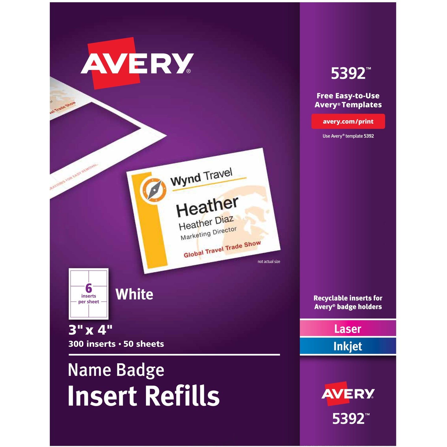 Avery&reg; Customizable Name Badge Inserts, 3" x 4" , White, 2 Packs of 300, for a total of 600 Printable Name Tag Inserts (35392)