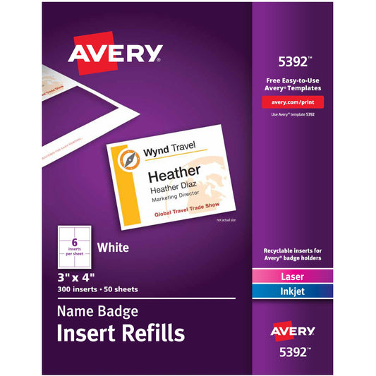 Avery&reg; Customizable Name Badge Inserts, 3" x 4" , White, 2 Packs of 300, for a total of 600 Printable Name Tag Inserts (35392)