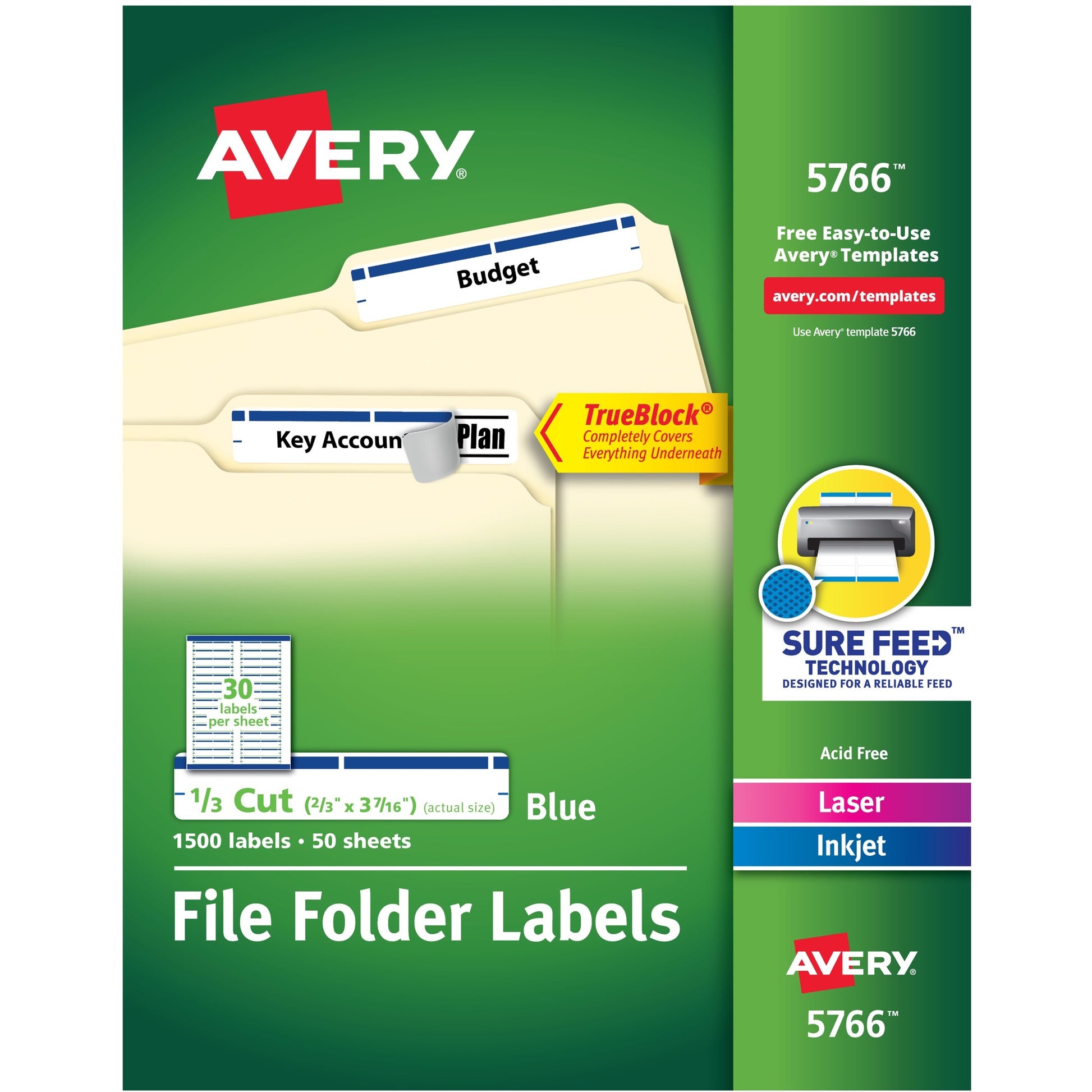 Avery&reg; TrueBlock File Folder Labels, 2/3" x 3-7/16" , 600 Printable Labels, White/Blue