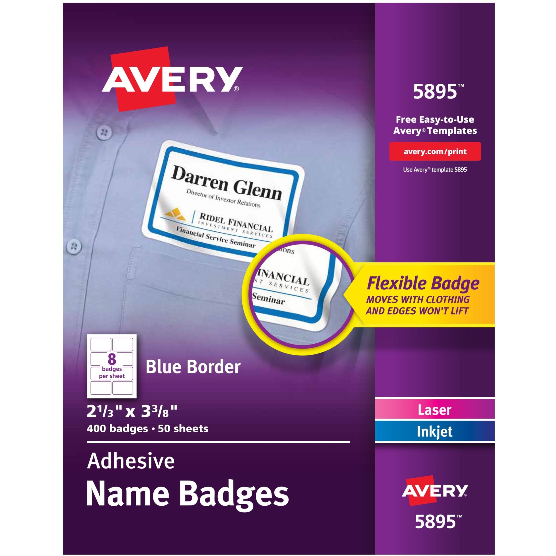 Avery&reg; Flexible Printable Name Tags, 2-1/3" x 3-3/8" Rectangle Labels, White with Blue Border, 400 Removable Name Badges (05895)