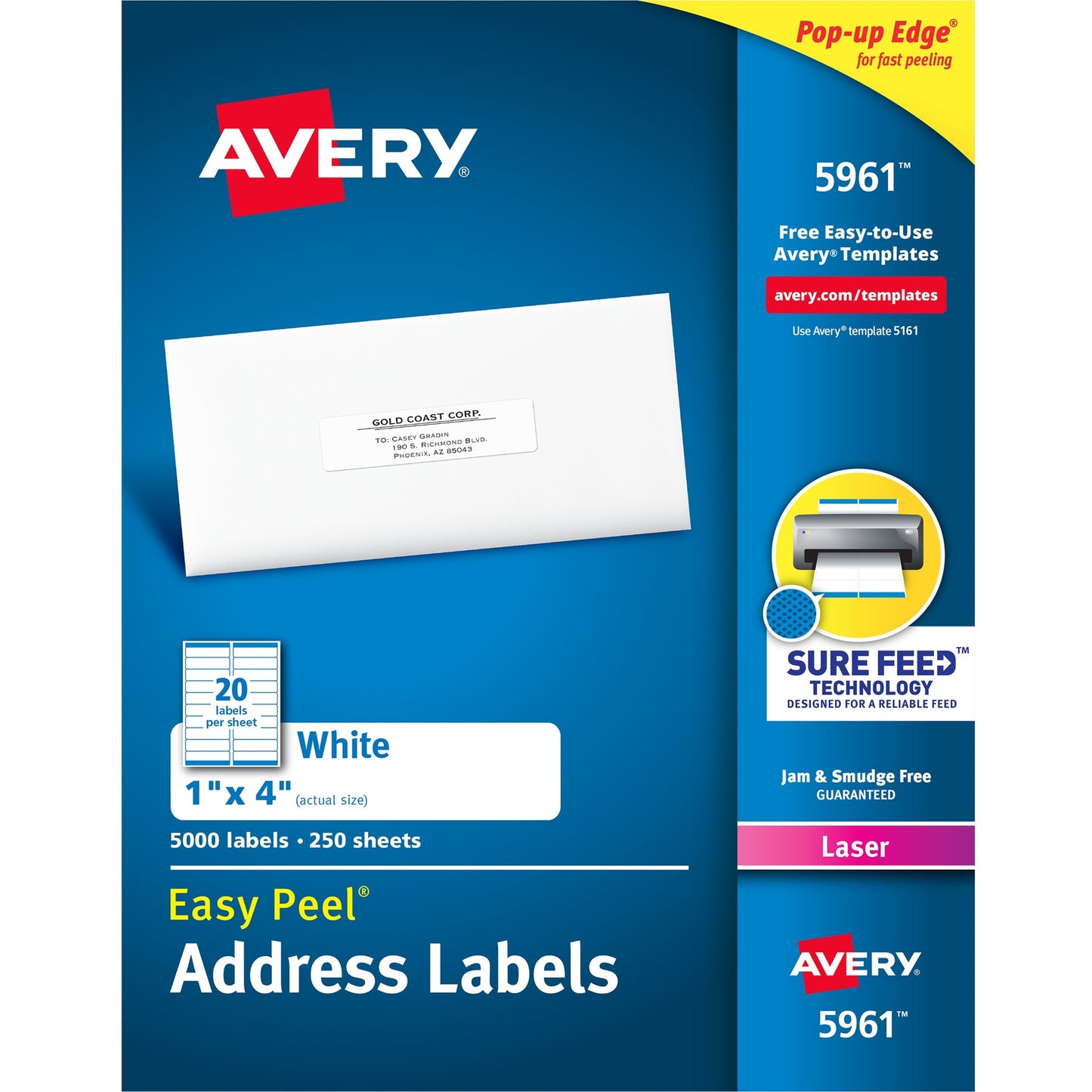 Avery&reg; Easy Peel(R) Address Labels, Sure Feed(TM) Technology, Permanent Adhesive, 1" x 4" , 5,000 Labels (5961)