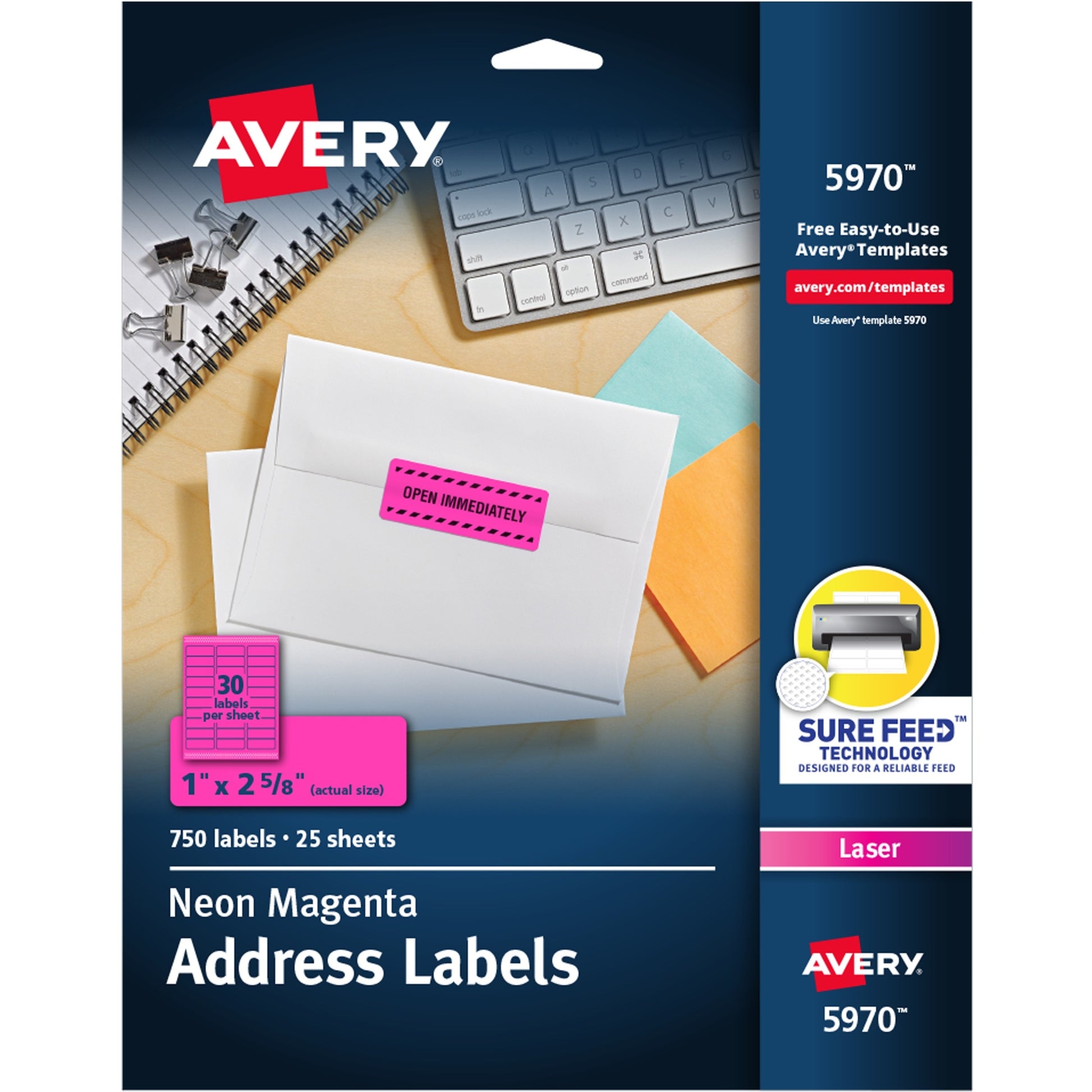 Avery&reg; Neon Address Labels with Sure Feed(TM) for Laser Printers, 1" x 2 5/8" , 750 Pink Labels (5970)
