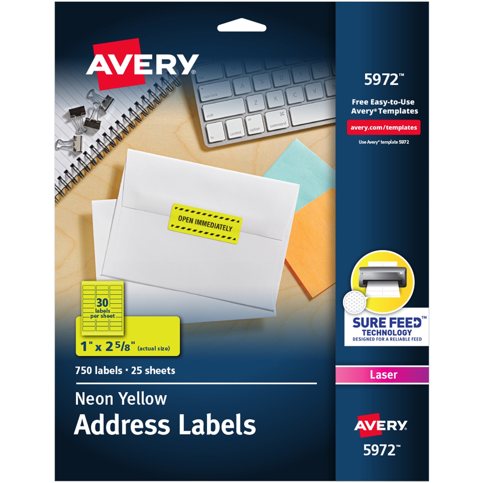 Avery&reg; Neon Address Labels with Sure Feed(TM) for Laser Printers, 1" x 2 5/8" , 750 Yellow Labels (5972)