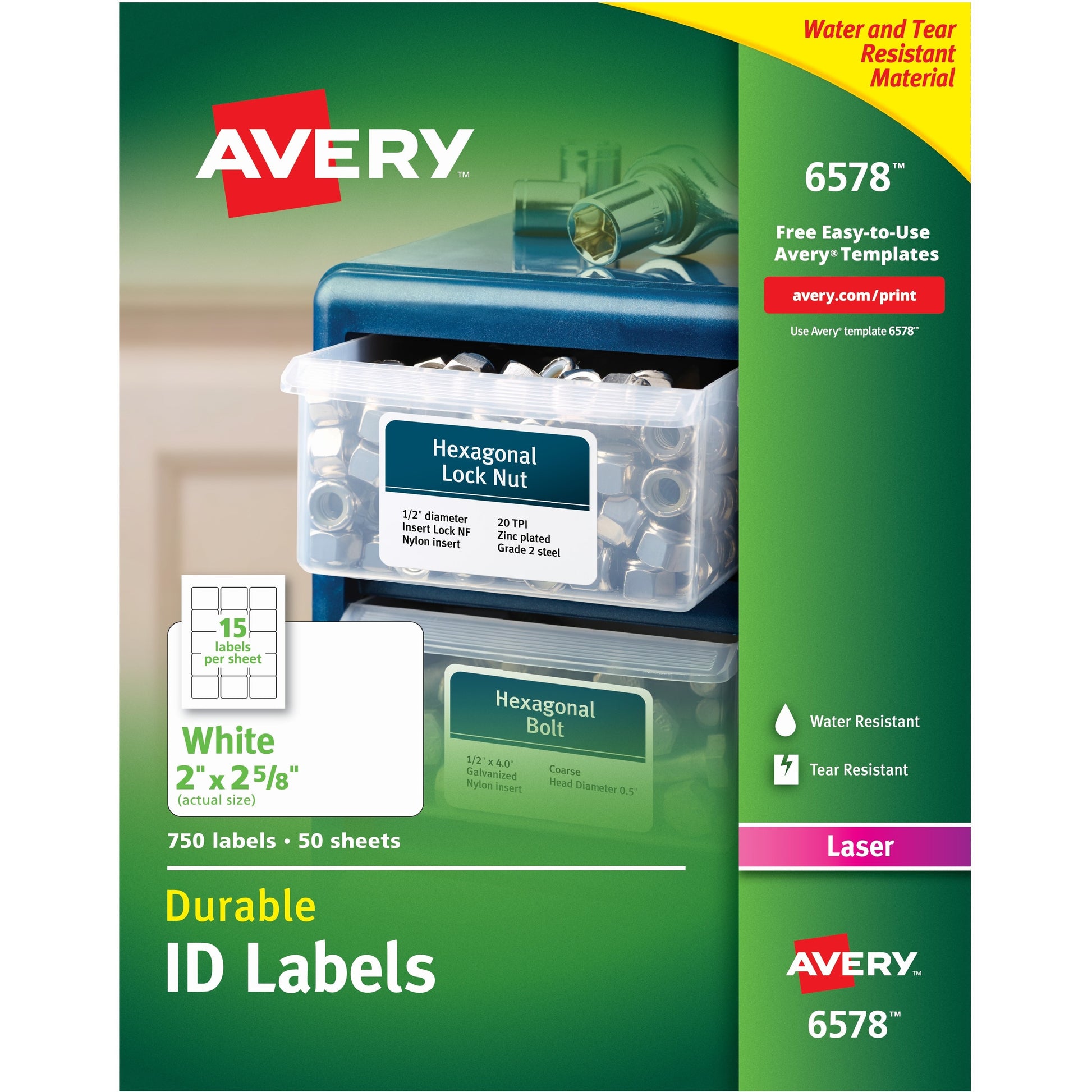Avery&reg; Durable ID Labels, Permanent Adhesive, 2" x 2-5/8" , 750 Labels (6578)