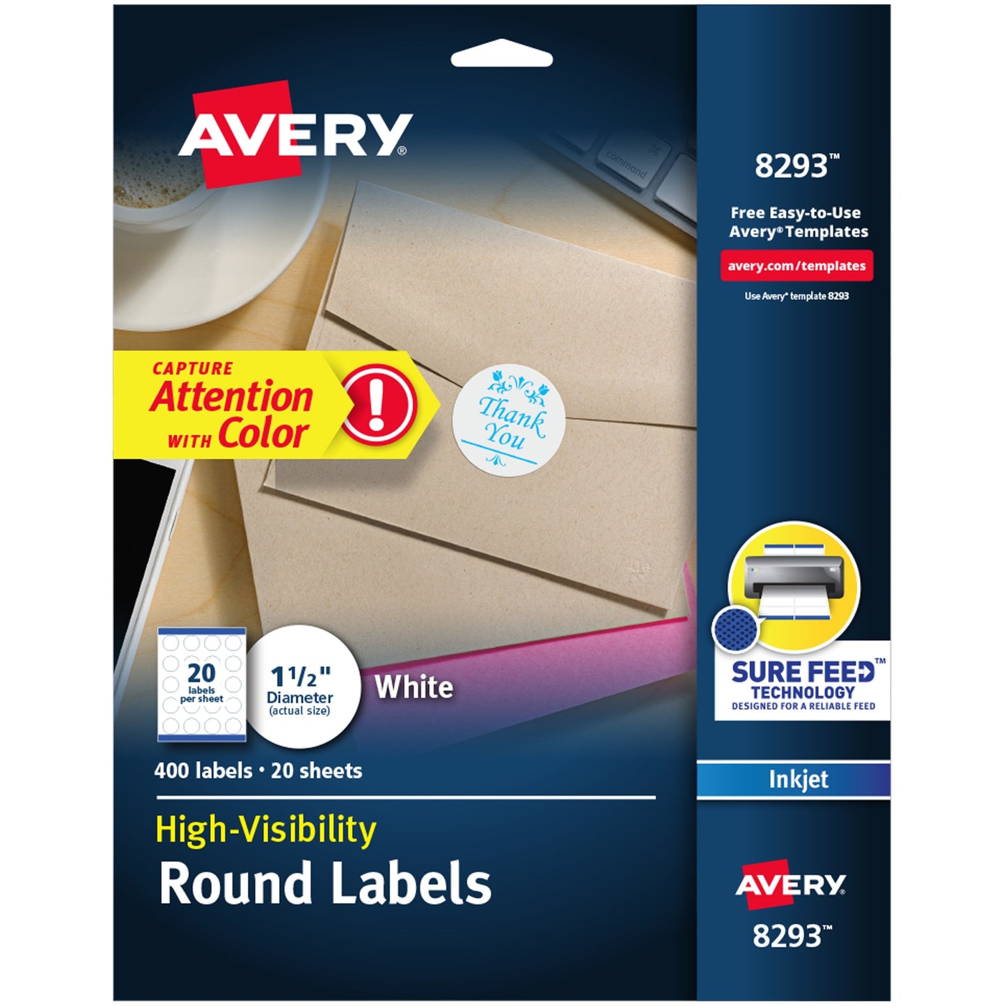 Avery&reg; High Visibility Round Labels with Sure Feed(TM) for Inkjet Printers, 1-1/2" , 400 Labels (8293)