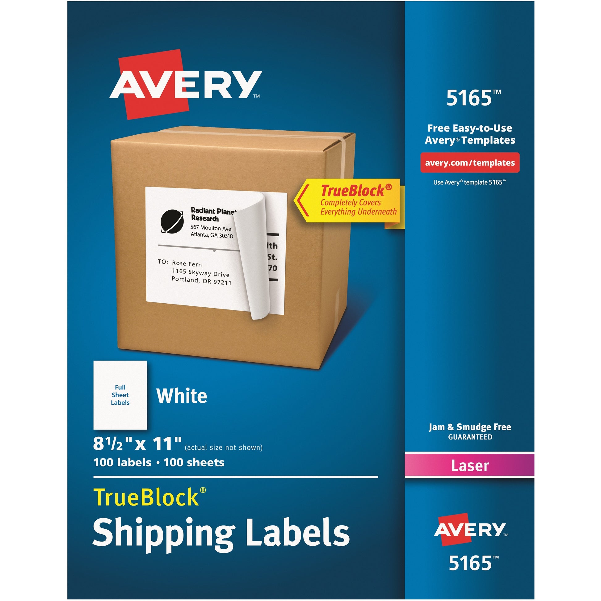Avery&reg; Shipping Labels, TrueBlock(R) Technology, Permanent Adhesive, 8-1/2" x 11" , 100 Labels (5165)
