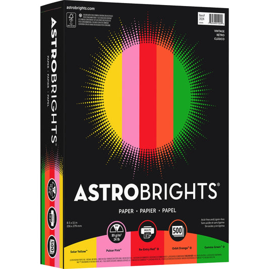 Astrobrights Inkjet, Laser Printable Multipurpose Card - Solar Yellow, Pulsar Pink, Re-entry Red, Orbit Orange, Gamma Green