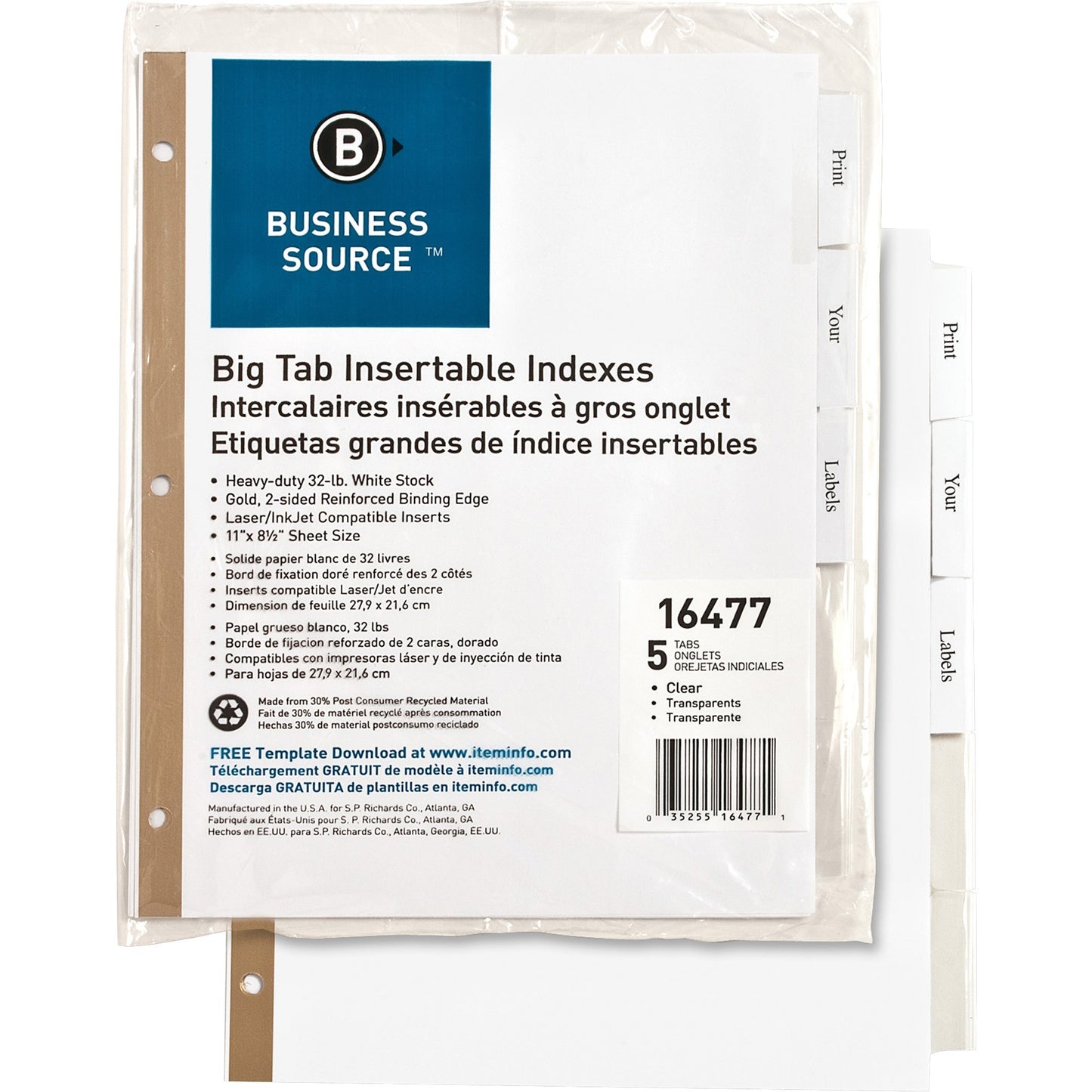 Business Source Tear-resistant Clear Tab Index Dividers