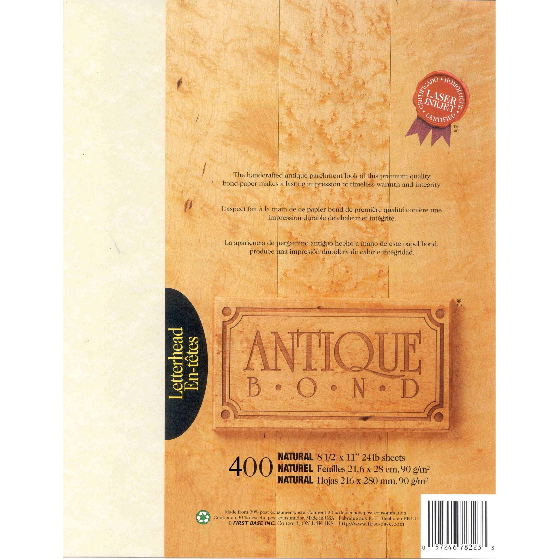 First Base Antique Bond 78223 Inkjet, Laser Bond Paper - Natural - Recycled - 30% Recycled Content