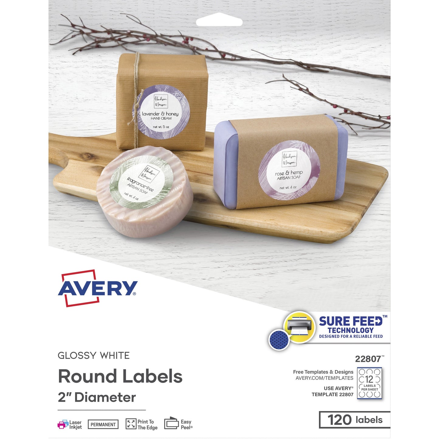 Avery&reg; Glossy White Printable Round Labels with Sure Feed&trade; Technology
