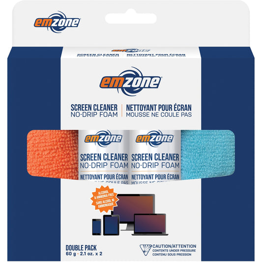 Emzone No Drip Foam Screen Cleaner 60 g Kit with Cloths - For Display Screen, Notebook, PDA, GPS Navigation System, Gaming Console, Mobile Phone - Alcohol-free, Ammonia-free, Non-drip, Anti-static - 2 / Pack