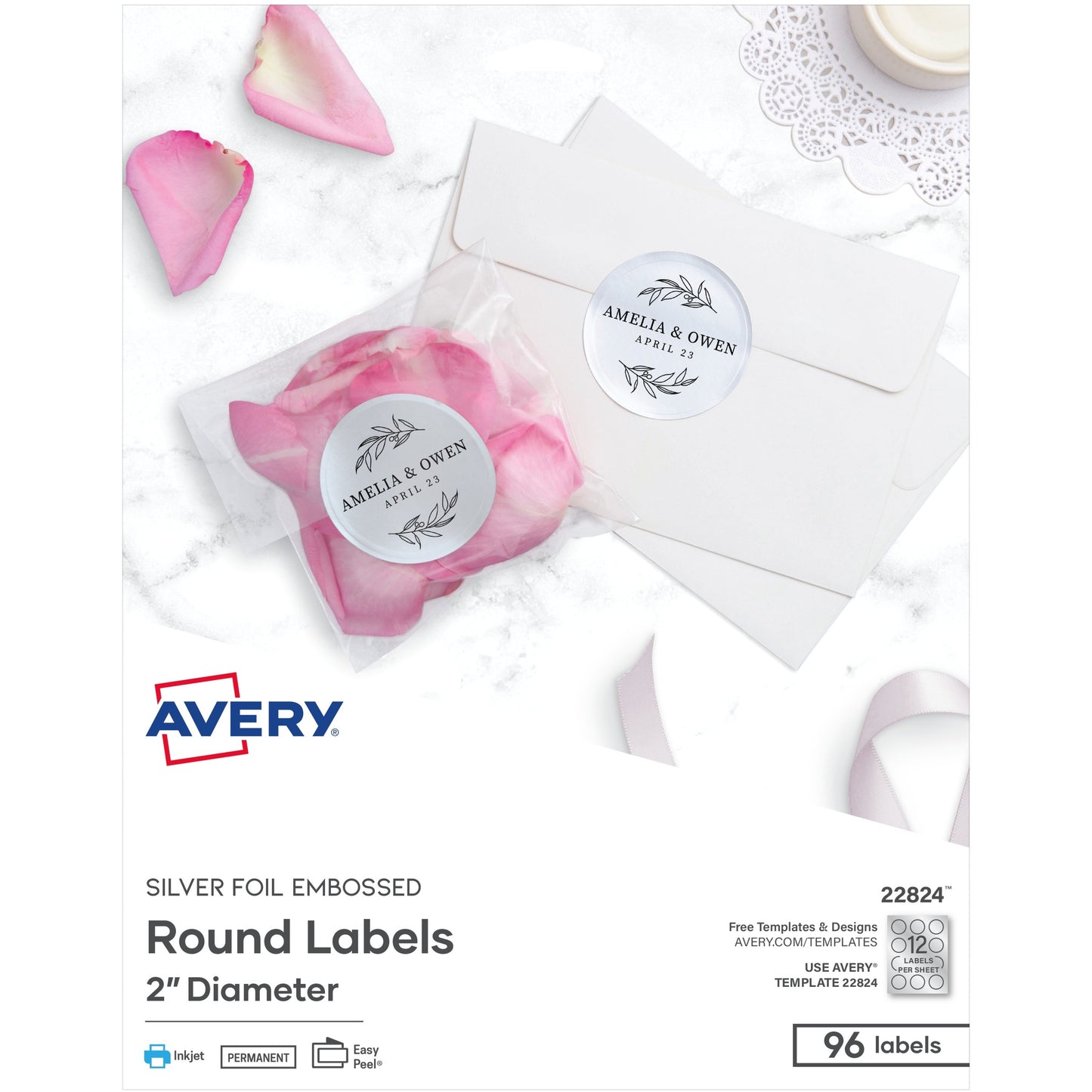 Avery&reg; Easy Peel(R) Embossed Foil Labels, Permanent Adhesive, Matte Silver, Round, 2" , 96 Labels (22824)